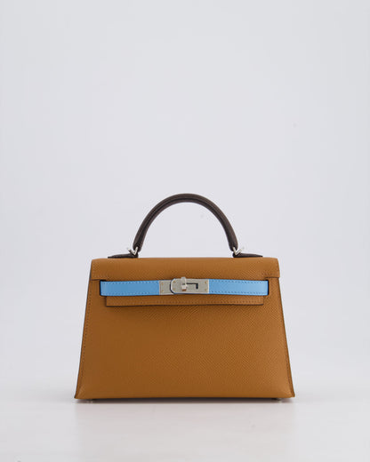 *RARE* Hermès Mini Kelly II Tricolour 20cm Bag In Gold, Ebene and Bleu Celeste Epsom Leather with Palladium Hardware
