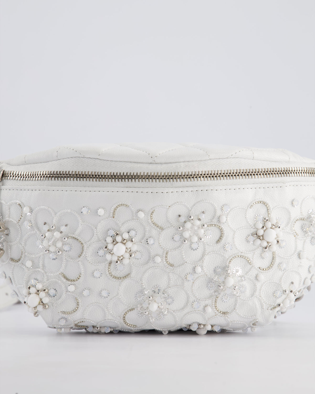 Chanel White Lambskin Leather Bum Bag with Silver Crystal Bead Embellishments and Silver Hardware RRP £4,660