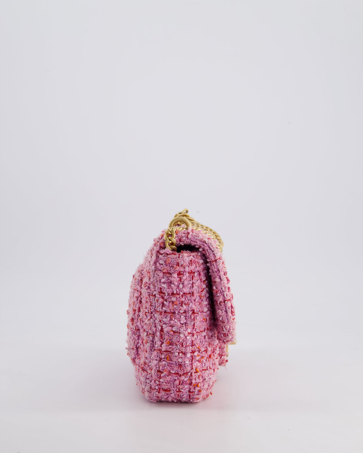 Chanel Pink & Lilac Tweed Seasonal Single Flap Bag with Brushed Gold Hardware & Pink CC Logo