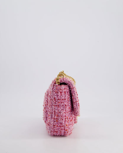 Chanel Pink & Lilac Tweed Seasonal Single Flap Bag with Brushed Gold Hardware & Pink CC Logo