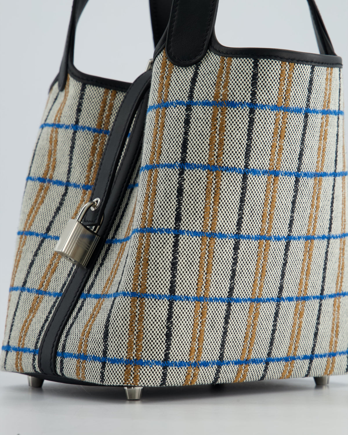 Hermes Picotin 18cm Broderie Couverture in Ecru, Noir, Fauve, Bleu Zanzibar Toile Canvas & Noir Swift Leather with Palladium Hardware