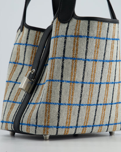 Hermes Picotin 18cm Broderie Couverture in Ecru, Noir, Fauve, Bleu Zanzibar Toile Canvas & Noir Swift Leather with Palladium Hardware