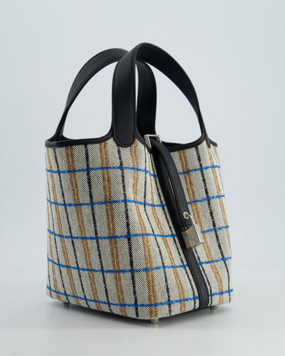Hermes Picotin 18cm Broderie Couverture in Ecru, Noir, Fauve, Bleu Zanzibar Toile Canvas & Noir Swift Leather with Palladium Hardware