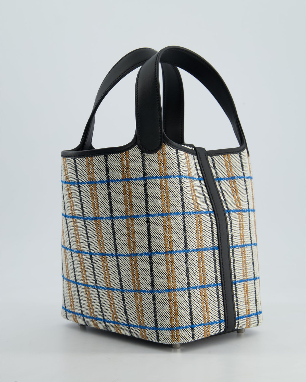 Hermes Picotin 18cm Broderie Couverture in Ecru, Noir, Fauve, Bleu Zanzibar Toile Canvas & Noir Swift Leather with Palladium Hardware