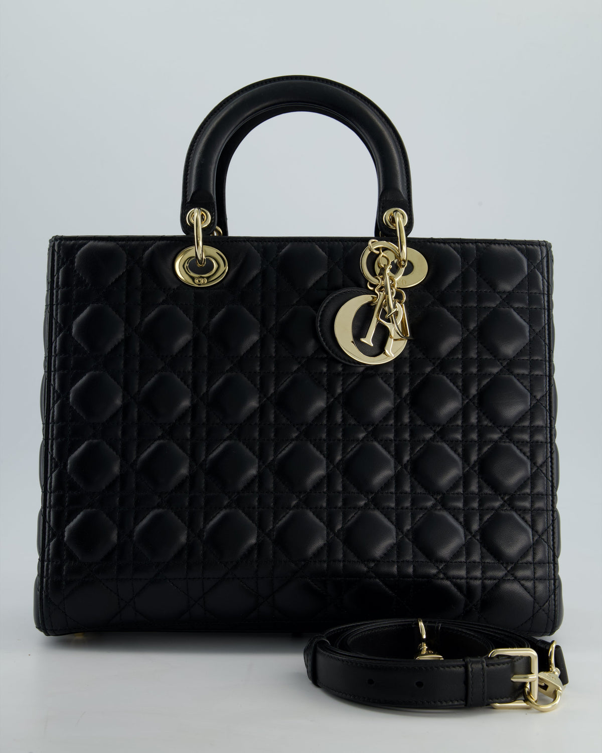 Christian Dior Large Lady Dior Bag in Black Lambskin Leather with Champagne Gold Hardware RRP £5,600