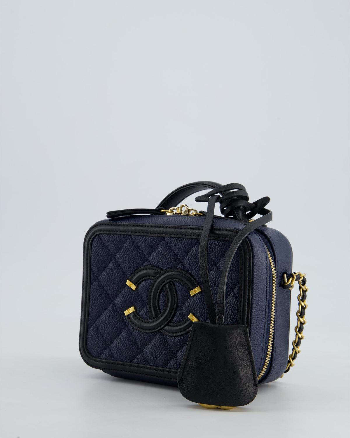 *HOT* Chanel Navy & Black Small Vanity Case Bag in Caviar Leather with Brushed Gold Hardware