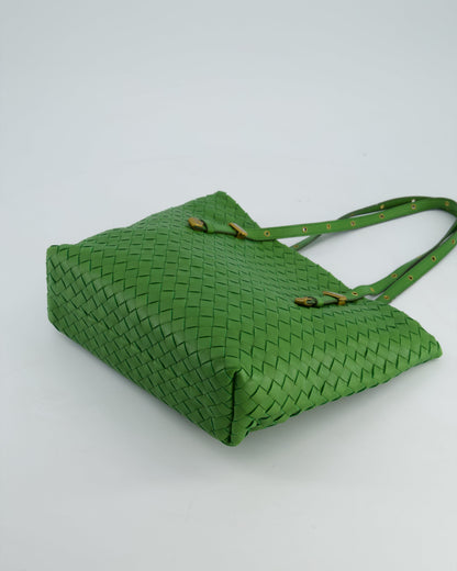 Vintage Bottega Veneta Small Parachute Bag in Green Intrecciato Leather with Gold Hardware