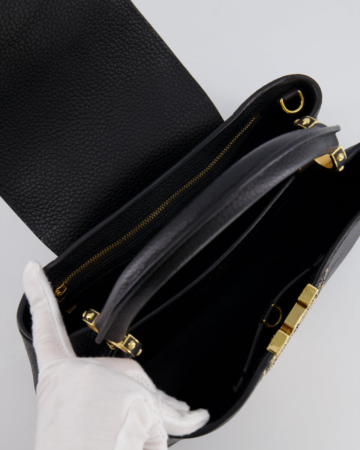 Louis Vuitton Capucines MM Bag in Black Leather and Beige Python Leather with Gold Hardware