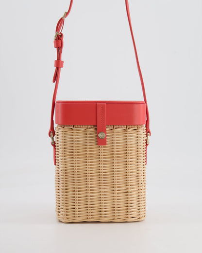 Loro Piana Pink Lambskin Leather and Wicker Crossbody Bucket Bag with Silver Hardware