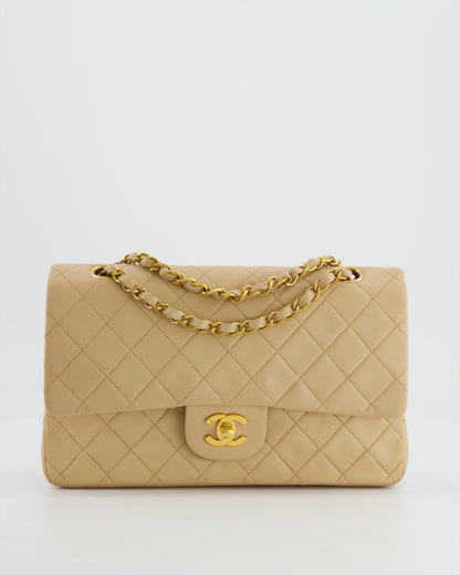 Chanel Vintage Beige Classic Medium Double Flap Bag in Lambskin Leather with 24k Gold Hardware