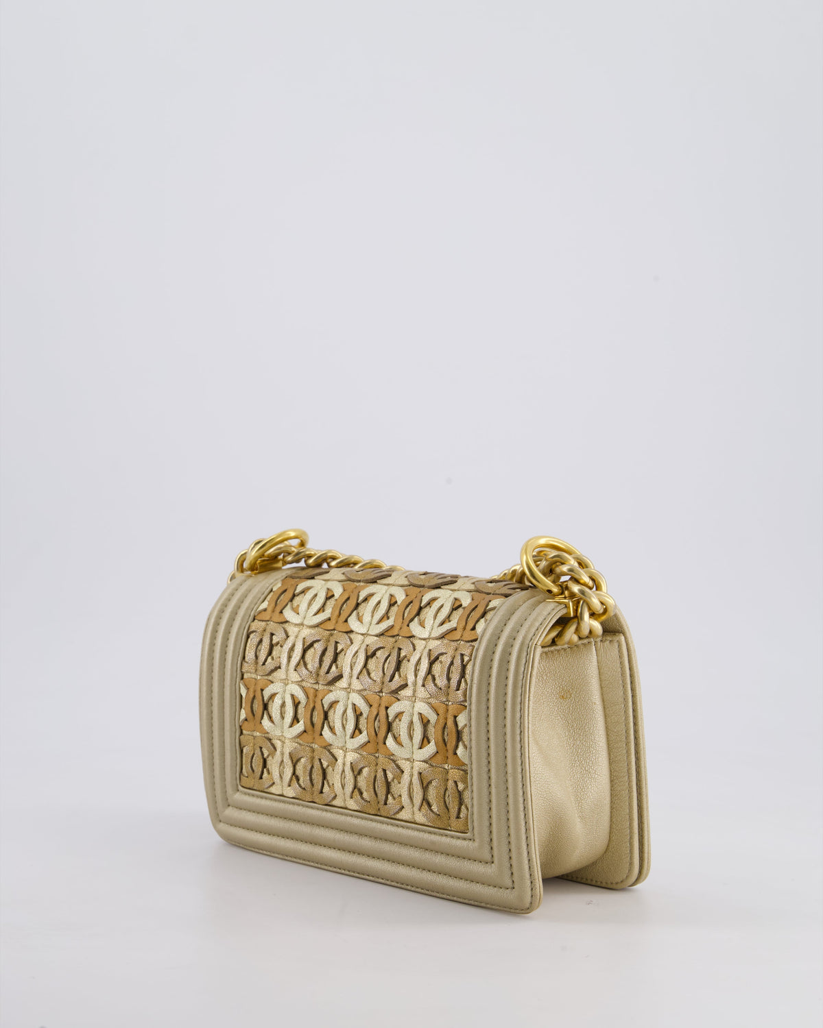 *LIMITED EDITION* Chanel Gold Metallic Small Boy Bag In Calfskin Leather with Antique Gold Hardware & CC Details
