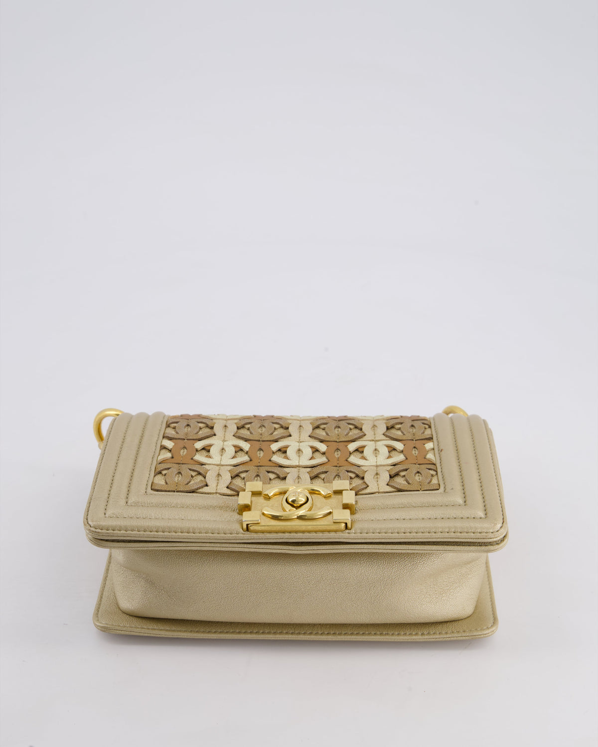 *LIMITED EDITION* Chanel Gold Metallic Small Boy Bag In Calfskin Leather with Antique Gold Hardware & CC Details