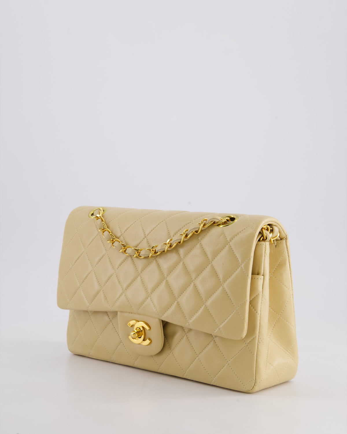 Chanel Vintage Beige Classic Medium Double Flap Bag in Lambskin Leather with 24k Gold Hardware