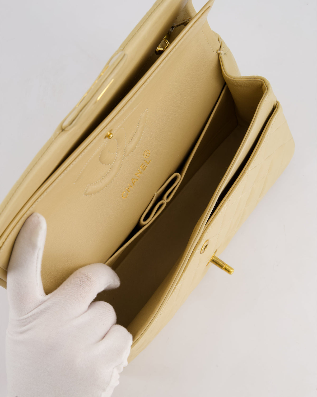 Chanel Vintage Beige Classic Medium Double Flap Bag in Lambskin Leather with 24k Gold Hardware