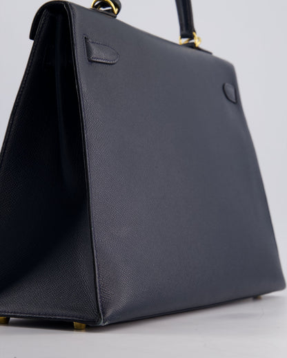 Hermès Vintage Kelly Sellier 35cm Bag in Blue Indigo Courchevel Leather with Gold Hardware