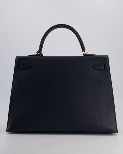Hermès Vintage Kelly Sellier 35cm Bag in Blue Indigo Courchevel Leather with Gold Hardware