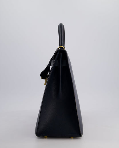 Hermès Vintage Kelly Sellier 35cm Bag in Blue Indigo Courchevel Leather with Gold Hardware