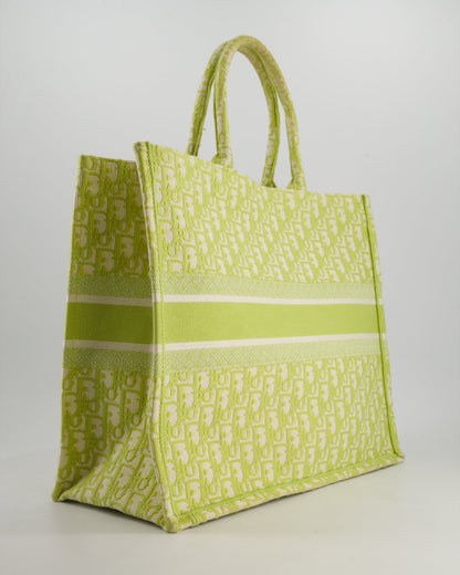 Christian Dior Ecru and Lime Dior Oblique Embroidery Canvas Large Book Tote Bag