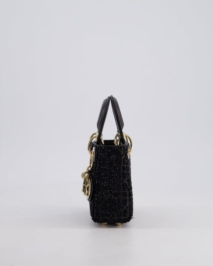Christian Dior Black Micro Lady Dior Bag In Black Lambskin Leather & Sequins with Champagne Gold Hardware