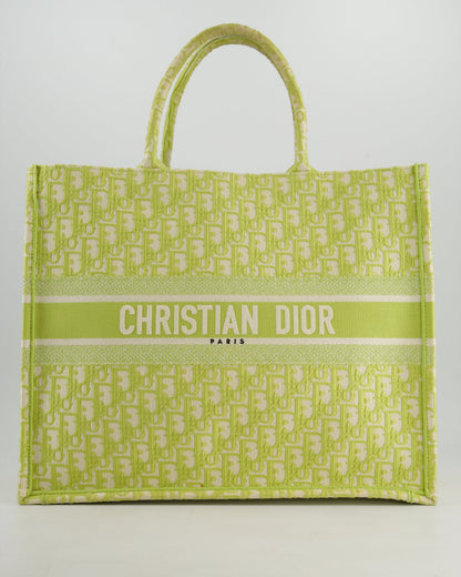 Christian Dior Ecru and Lime Dior Oblique Embroidery Canvas Large Book Tote Bag