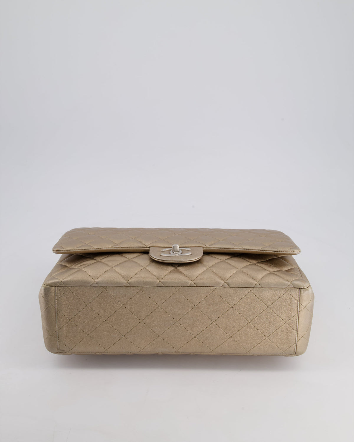 Chanel Metallic Gold Maxi Classic Double Flap Bag in Calfskin Leather with Brushed Silver Hardware