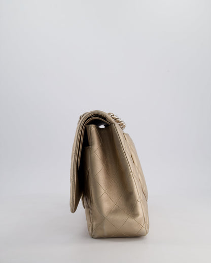 Chanel Metallic Gold Maxi Classic Double Flap Bag in Calfskin Leather with Brushed Silver Hardware