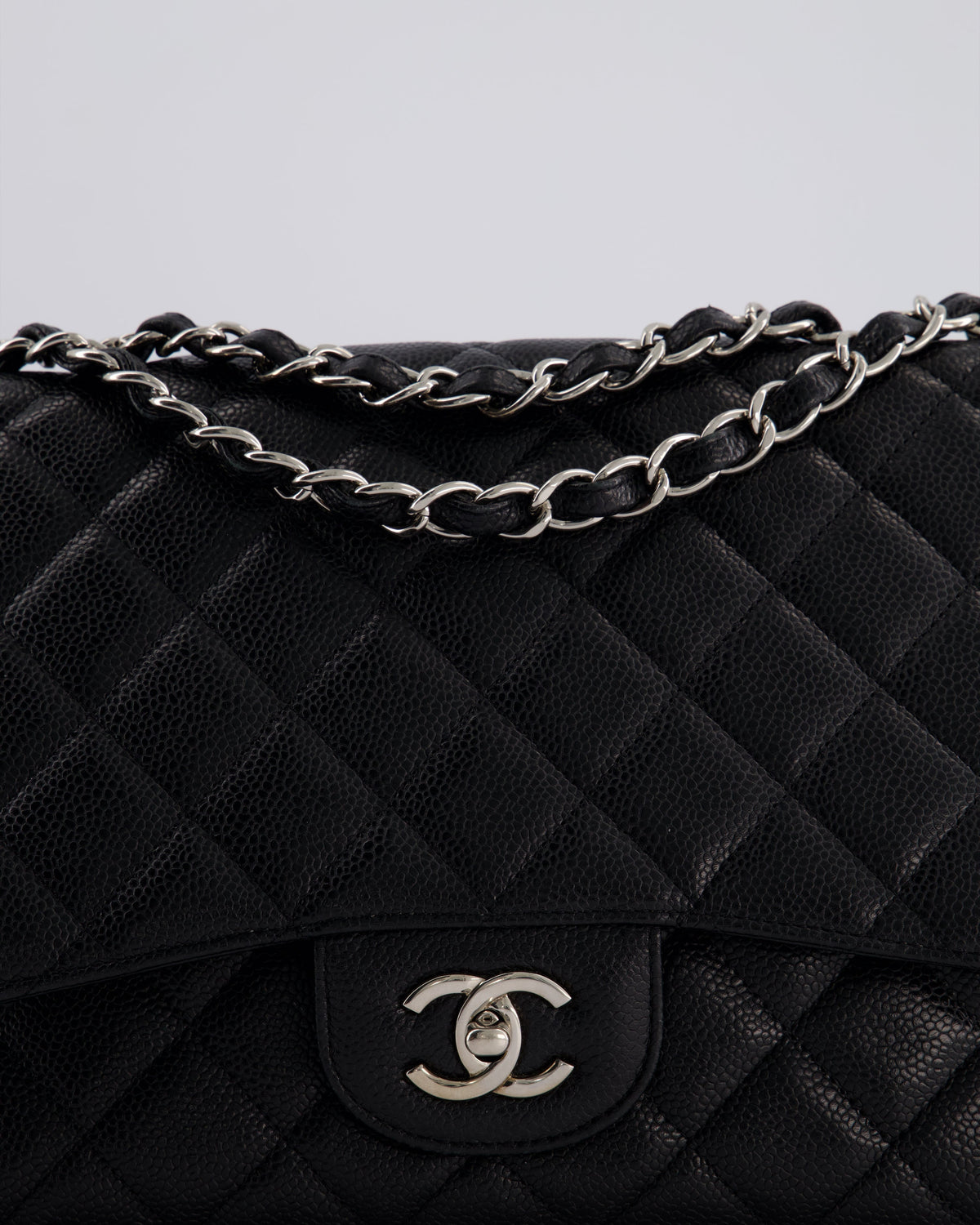 Chanel Black Jumbo Classic Single Flap Bag in Caviar Leather with Silver Hardware