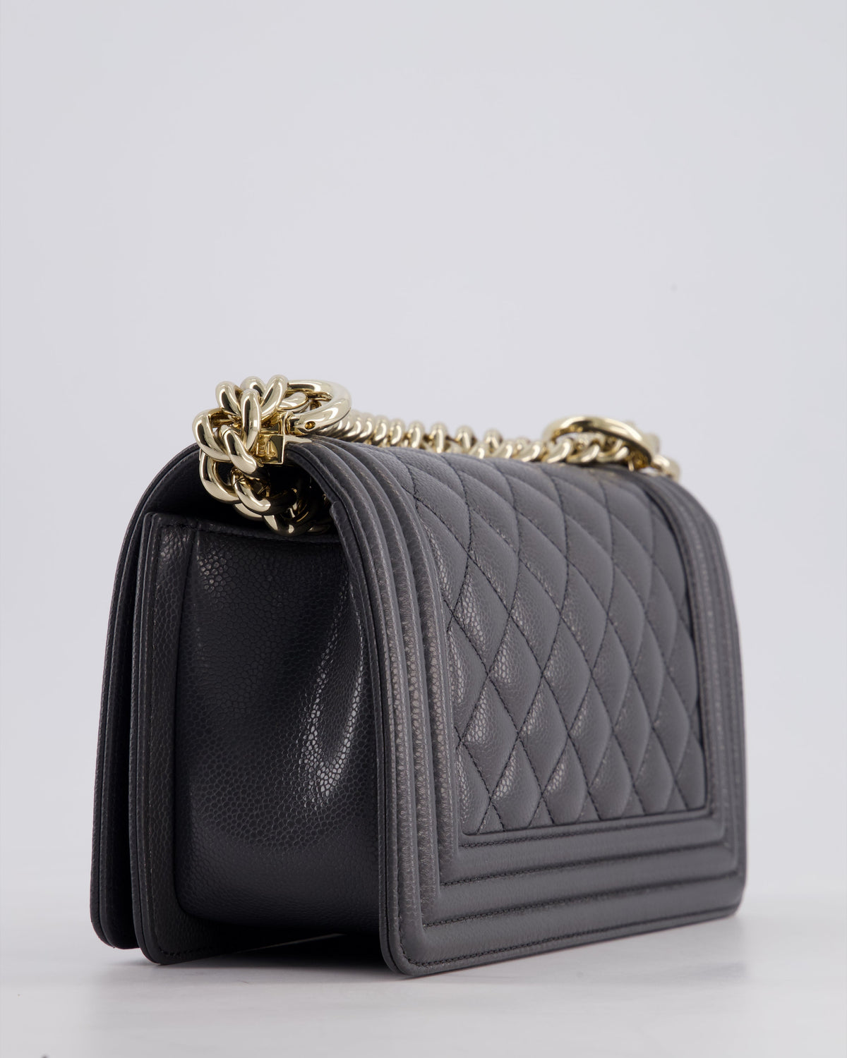 *HOT* Chanel Stone Grey Small Boy Bag in Caviar Leather with Champagne Gold Hardware