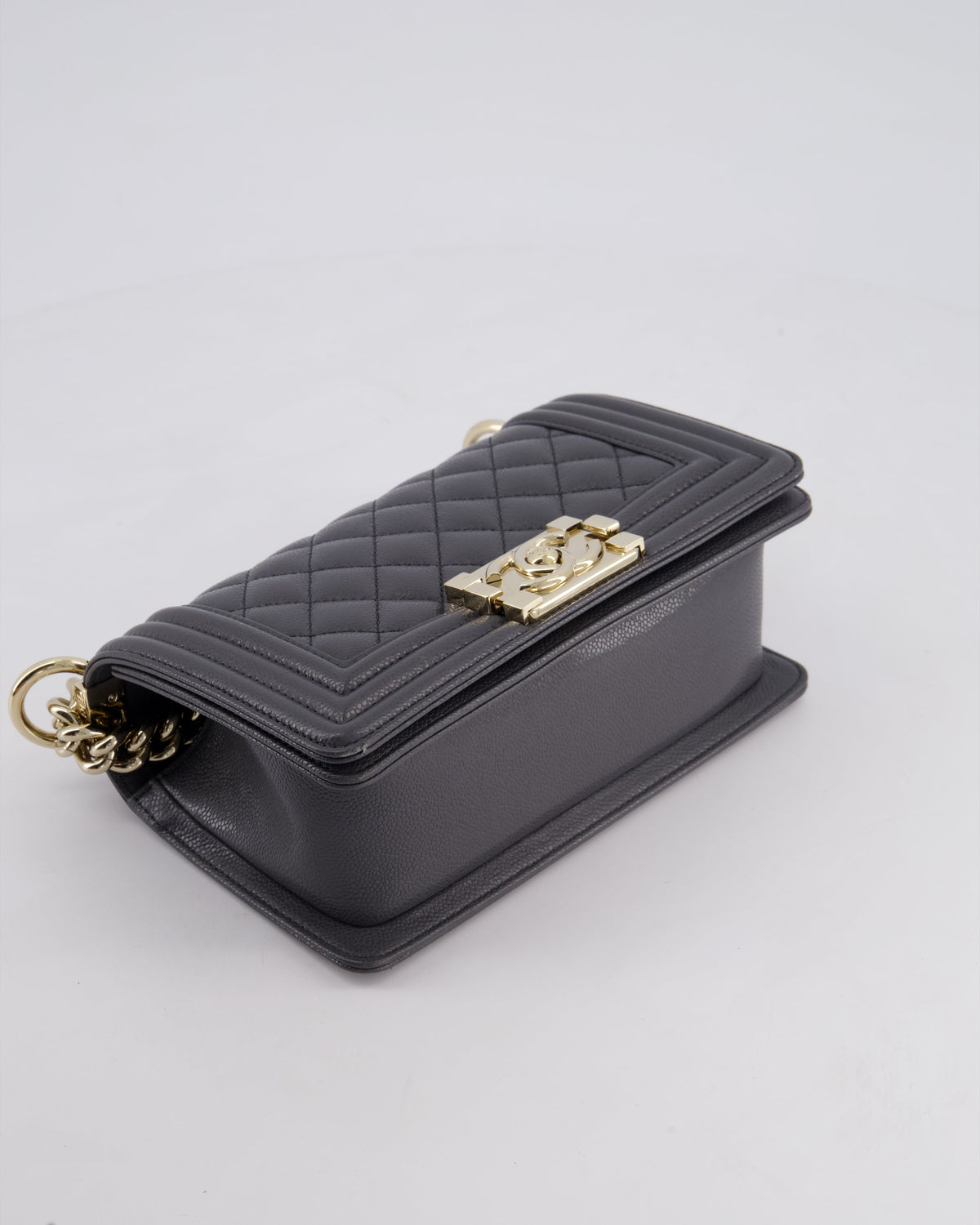 *HOT* Chanel Stone Grey Small Boy Bag in Caviar Leather with Champagne Gold Hardware