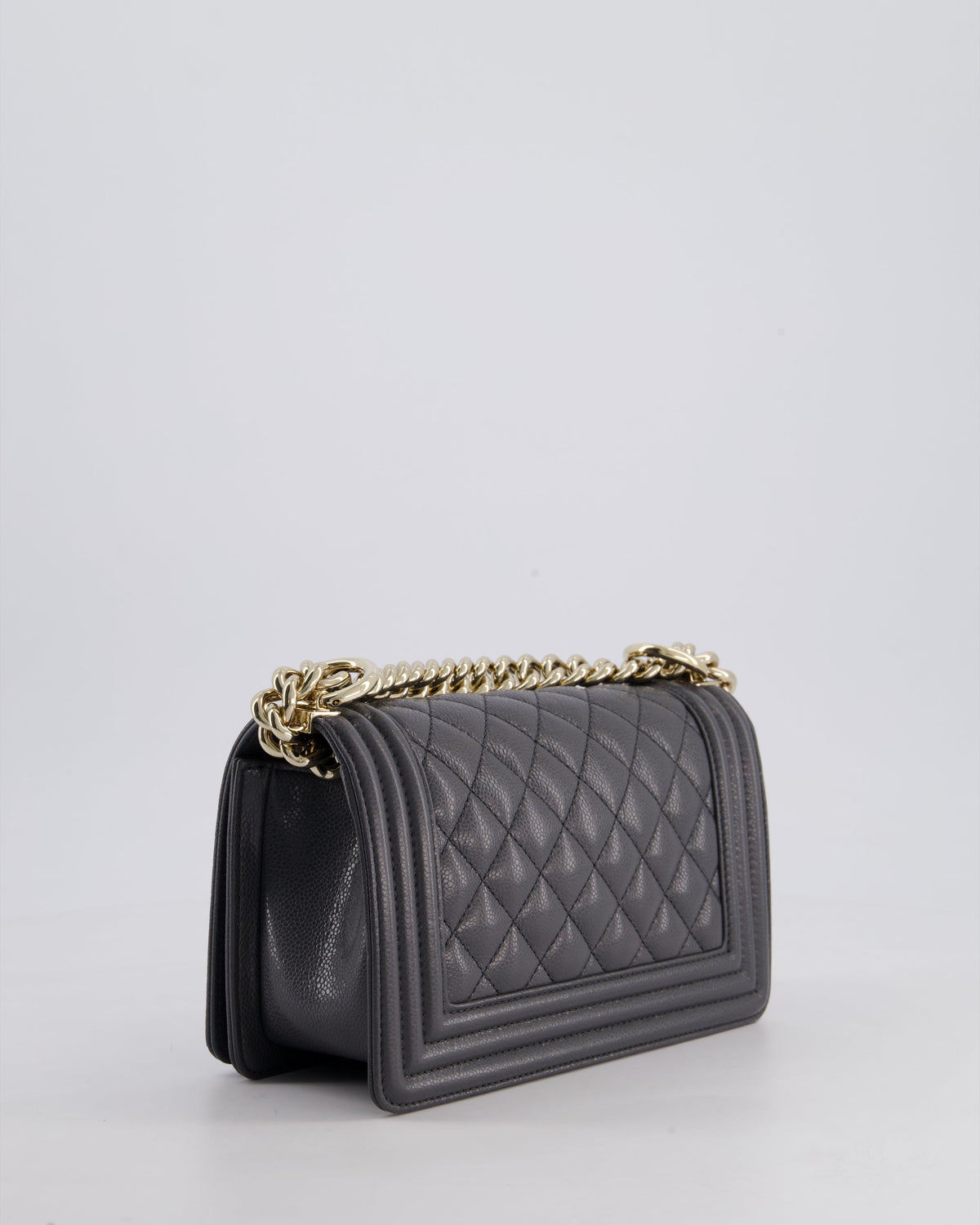 *HOT* Chanel Stone Grey Small Boy Bag in Caviar Leather with Champagne Gold Hardware