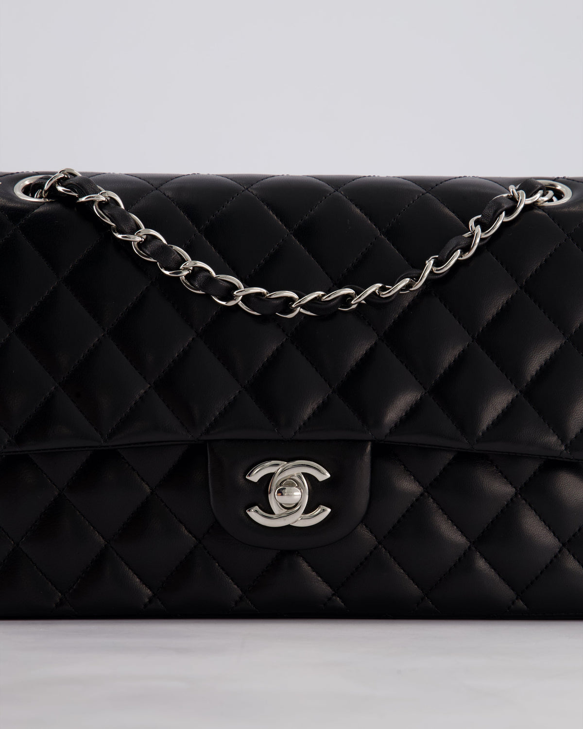 Chanel Black Medium Classic Double Flap Bag in Lambskin Leather with Silver Hardware