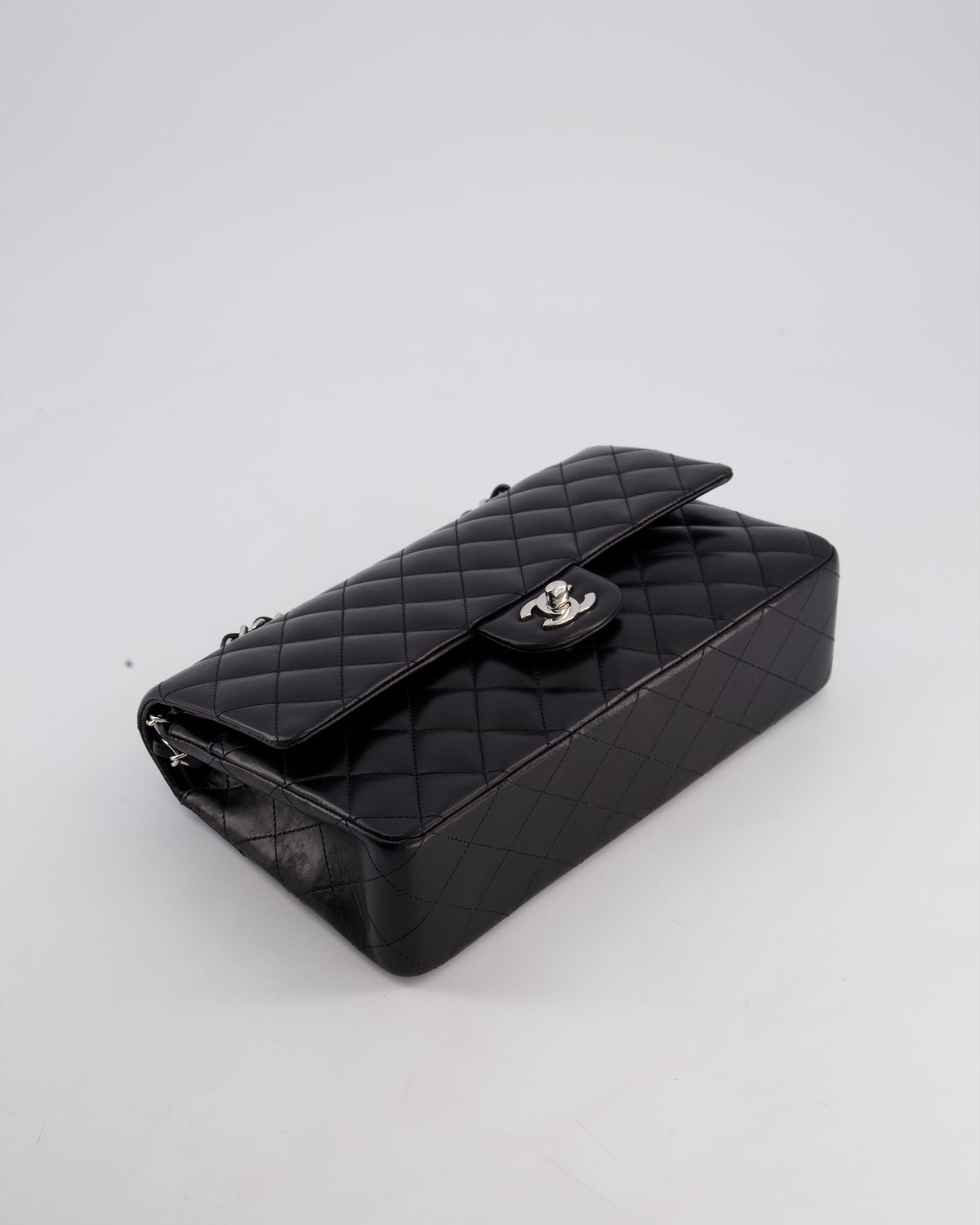 Chanel Black Medium Classic Double Flap Bag in Lambskin Leather with Silver Hardware