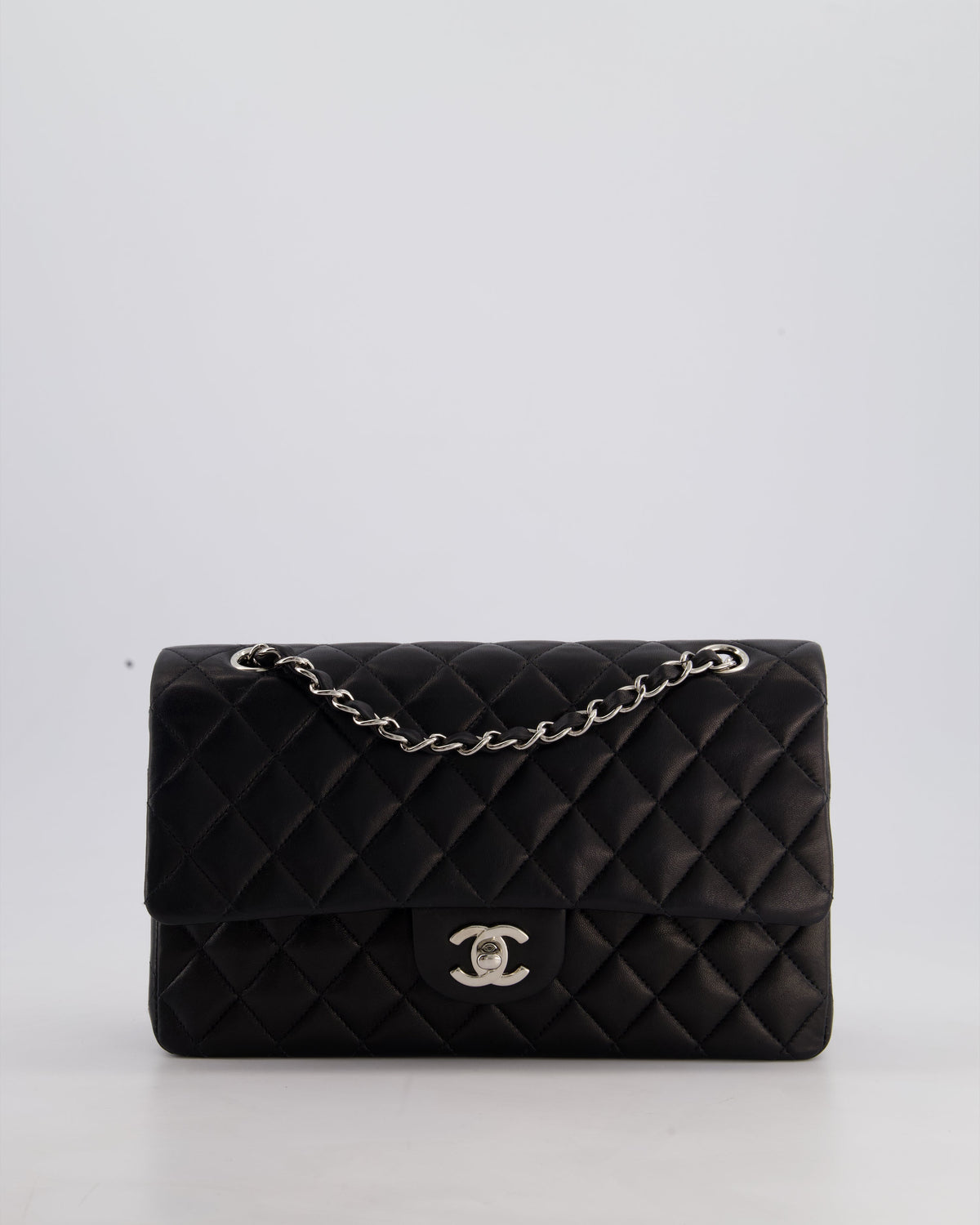 Chanel Black Medium Classic Double Flap Bag in Lambskin Leather with Silver Hardware
