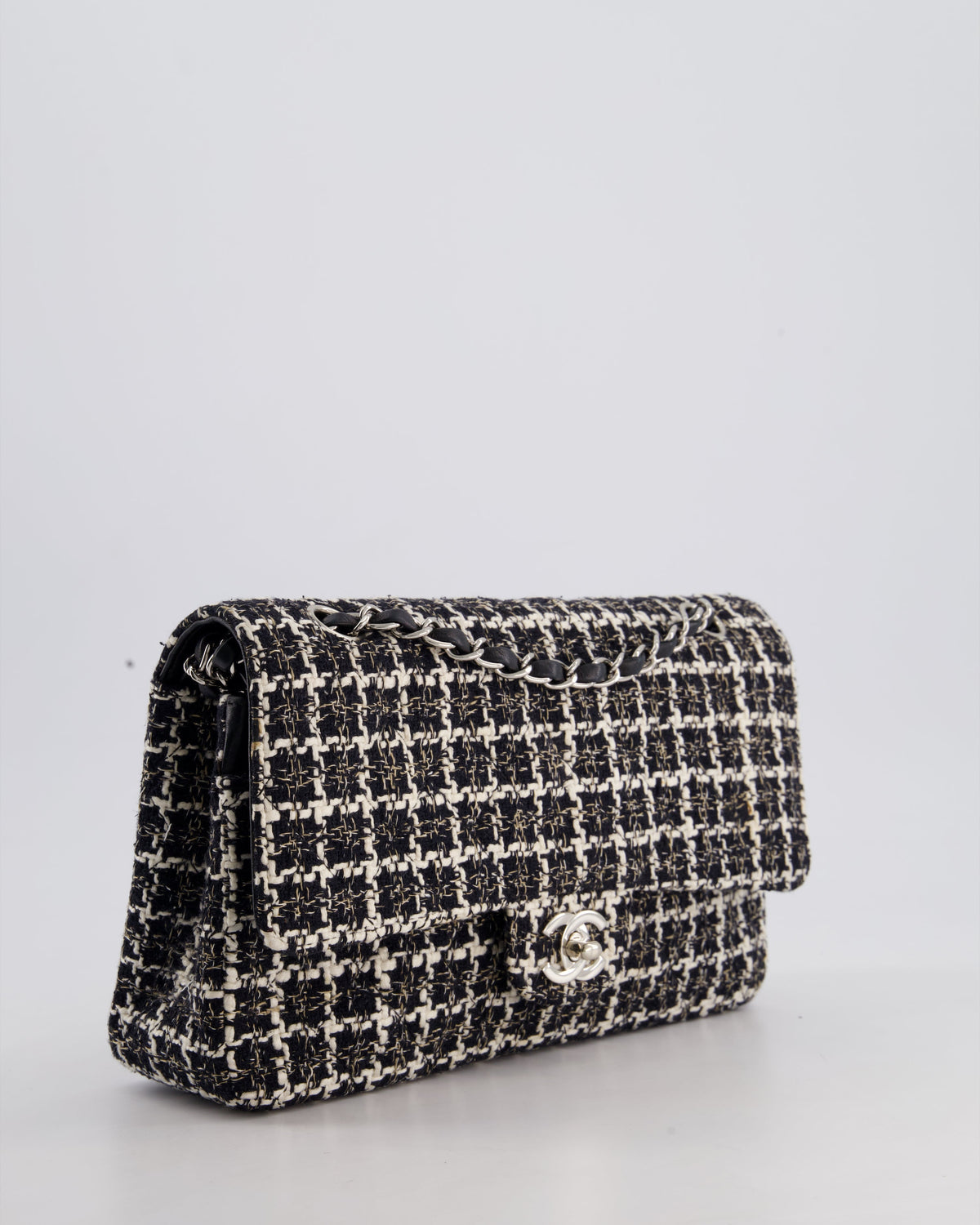 Chanel Medium Classic Double Flap Bag in Black and White Tweed with Silver Hardware