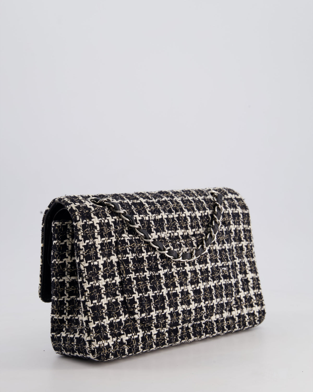 Chanel Medium Classic Double Flap Bag in Black and White Tweed with Silver Hardware