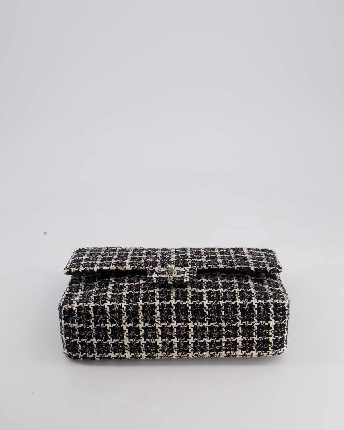Chanel Medium Classic Double Flap Bag in Black and White Tweed with Silver Hardware