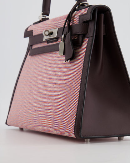 Hermès Kelly Sellier Bag 28cm in Ecru & Red Toile Quadrille with Rouge Sellier Swift Leather and Palladium Hardware