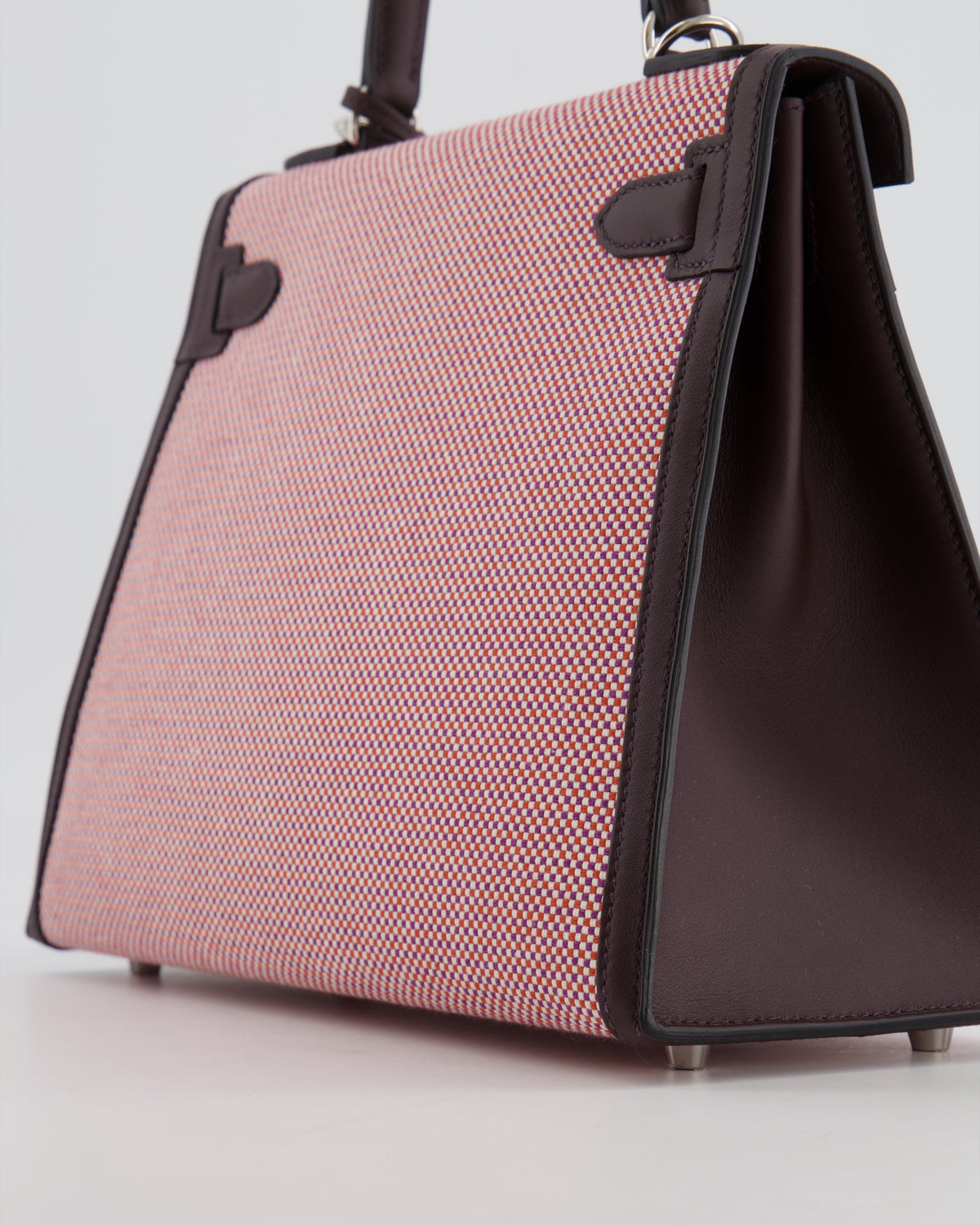 Hermès Kelly Sellier Bag 28cm in Ecru & Red Toile Quadrille with Rouge Sellier Swift Leather and Palladium Hardware