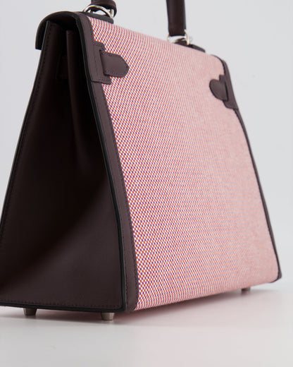 Hermès Kelly Sellier Bag 28cm in Ecru & Red Toile Quadrille with Rouge Sellier Swift Leather and Palladium Hardware