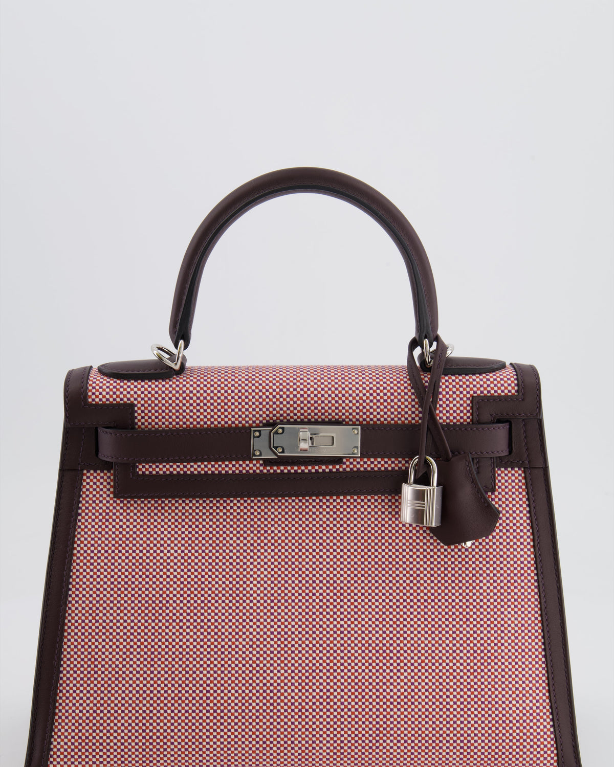 Hermès Kelly Sellier Bag 28cm in Ecru & Red Toile Quadrille with Rouge Sellier Swift Leather and Palladium Hardware