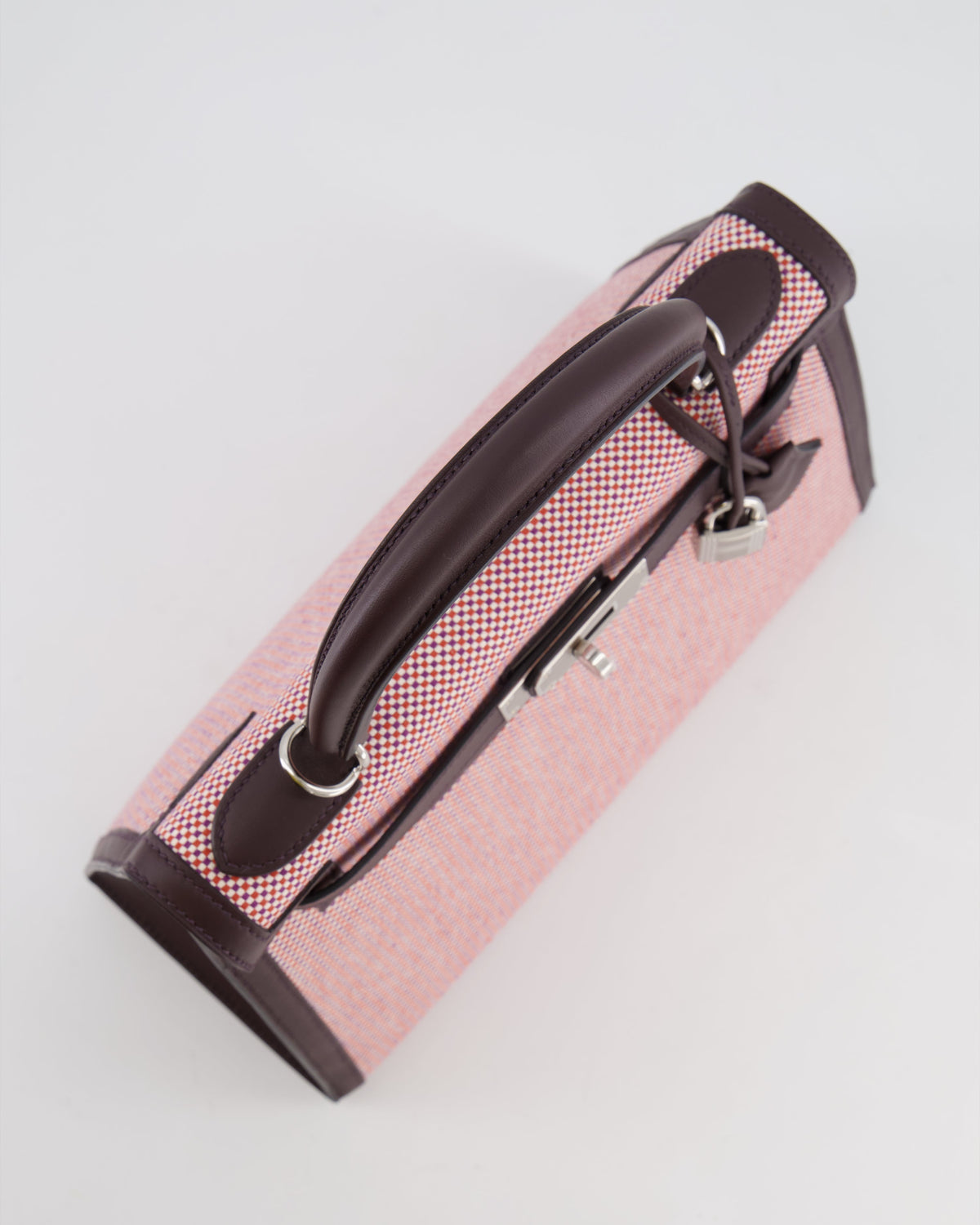 Hermès Kelly Sellier Bag 28cm in Ecru & Red Toile Quadrille with Rouge Sellier Swift Leather and Palladium Hardware