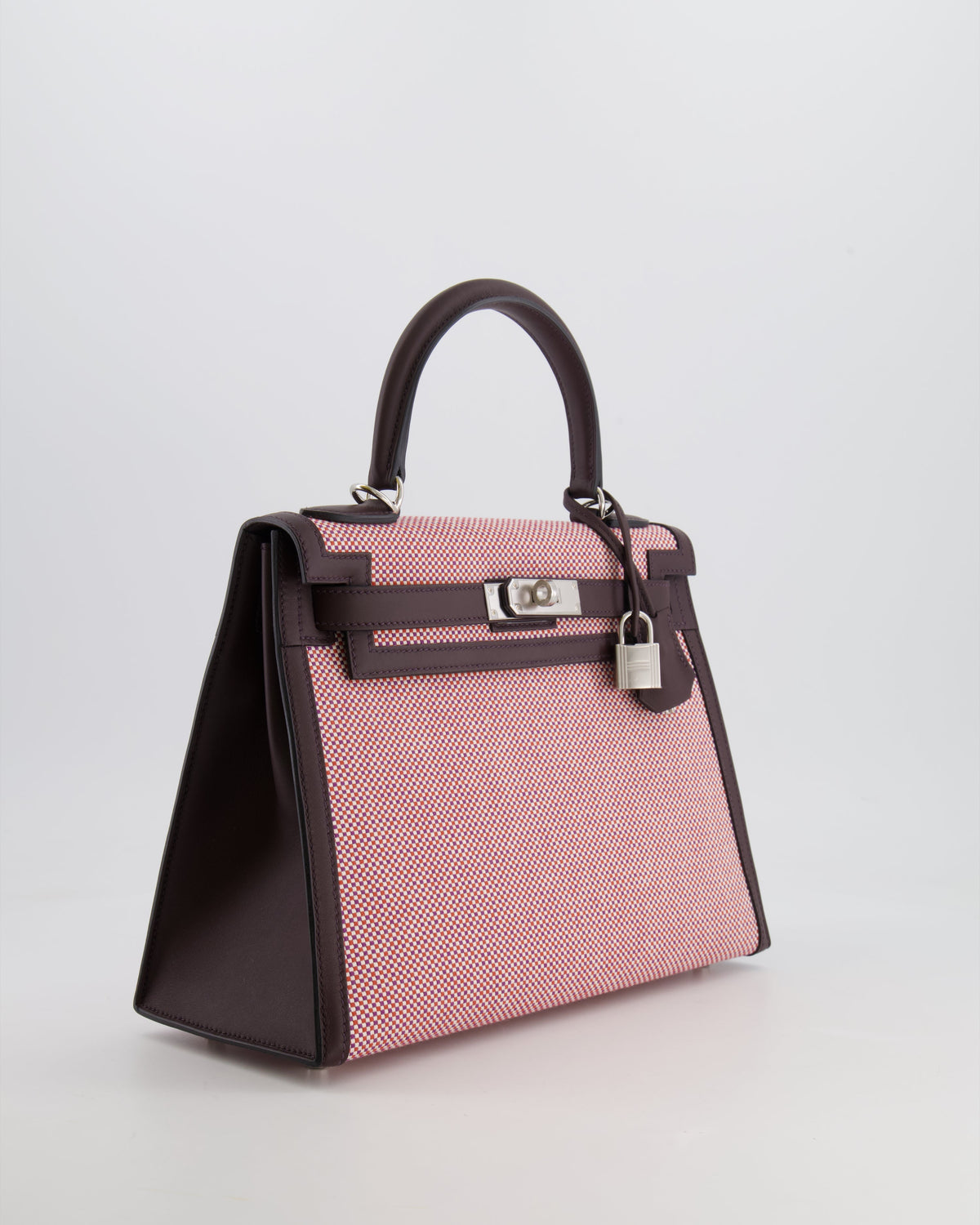 Hermès Kelly Sellier Bag 28cm in Ecru & Red Toile Quadrille with Rouge Sellier Swift Leather and Palladium Hardware