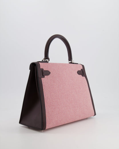 Hermès Kelly Sellier Bag 28cm in Ecru & Red Toile Quadrille with Rouge Sellier Swift Leather and Palladium Hardware