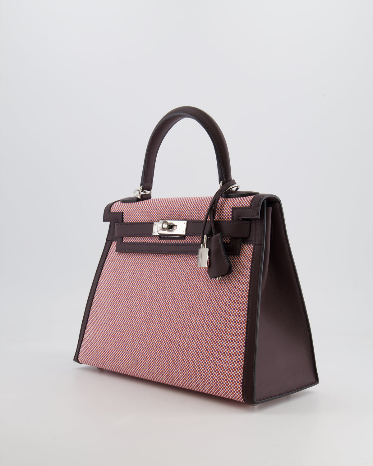 Hermès Kelly Sellier Bag 28cm in Ecru & Red Toile Quadrille with Rouge Sellier Swift Leather and Palladium Hardware