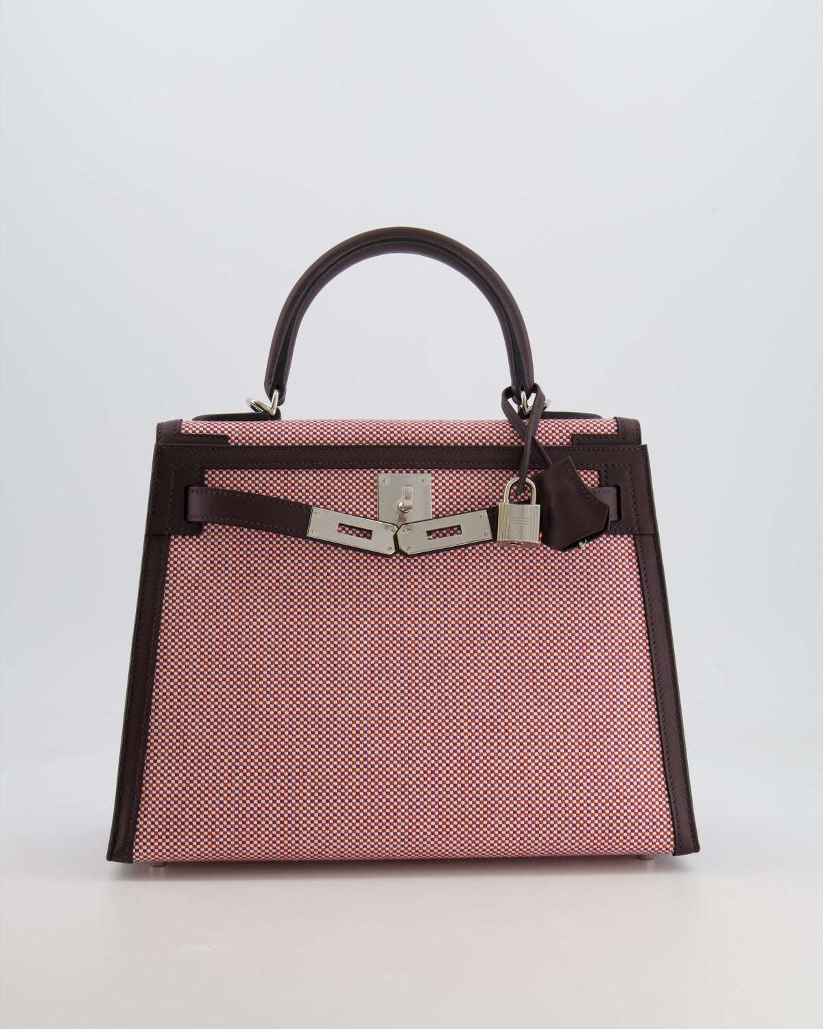 Hermès Kelly Sellier Bag 28cm in Ecru & Red Toile Quadrille with Rouge Sellier Swift Leather and Palladium Hardware