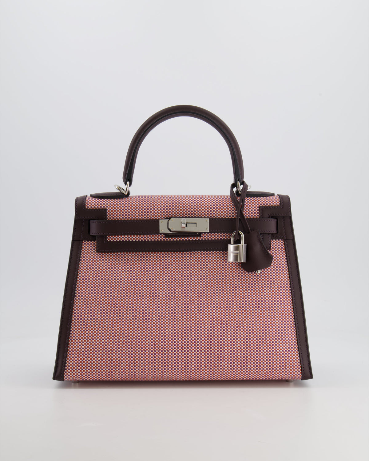 Hermès Kelly Sellier Bag 28cm in Ecru & Red Toile Quadrille with Rouge Sellier Swift Leather and Palladium Hardware