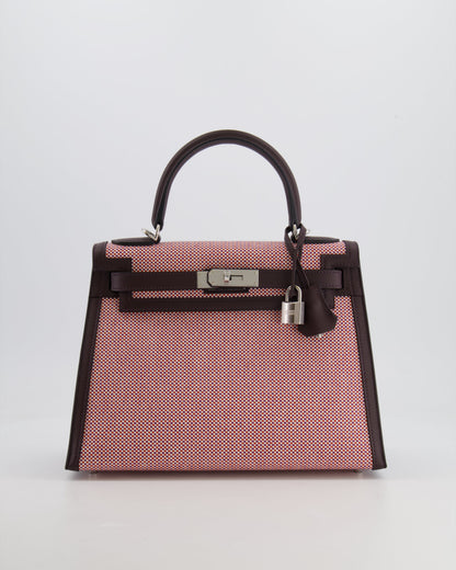 Hermès Kelly Sellier Bag 28cm in Ecru & Red Toile Quadrille with Rouge Sellier Swift Leather and Palladium Hardware