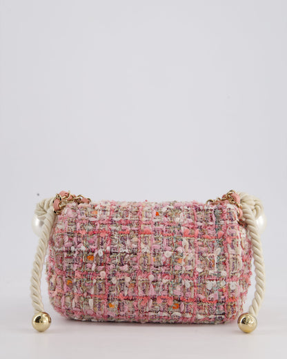 Chanel Pink Tweed Mini Rectangular Bag with Pearl Rope Handle and Champagne Gold Hardware