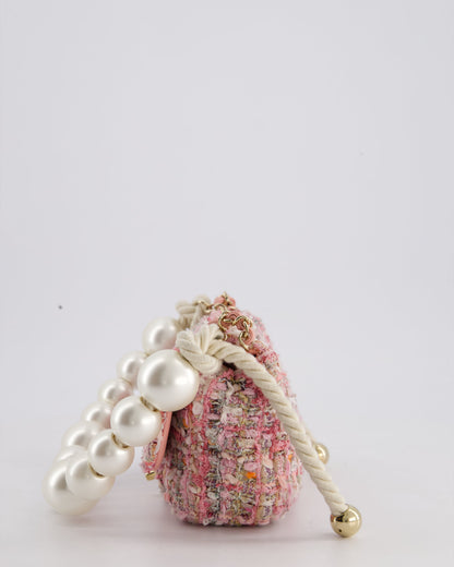 Chanel Pink Tweed Mini Rectangular Bag with Pearl Rope Handle and Champagne Gold Hardware