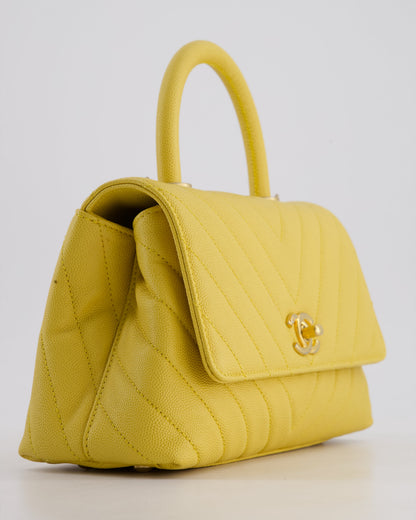 Chanel Small Mustard Yellow Coco Flap Top Handle Bag in Caviar Chevron Leather with Brushed Gold Hardware